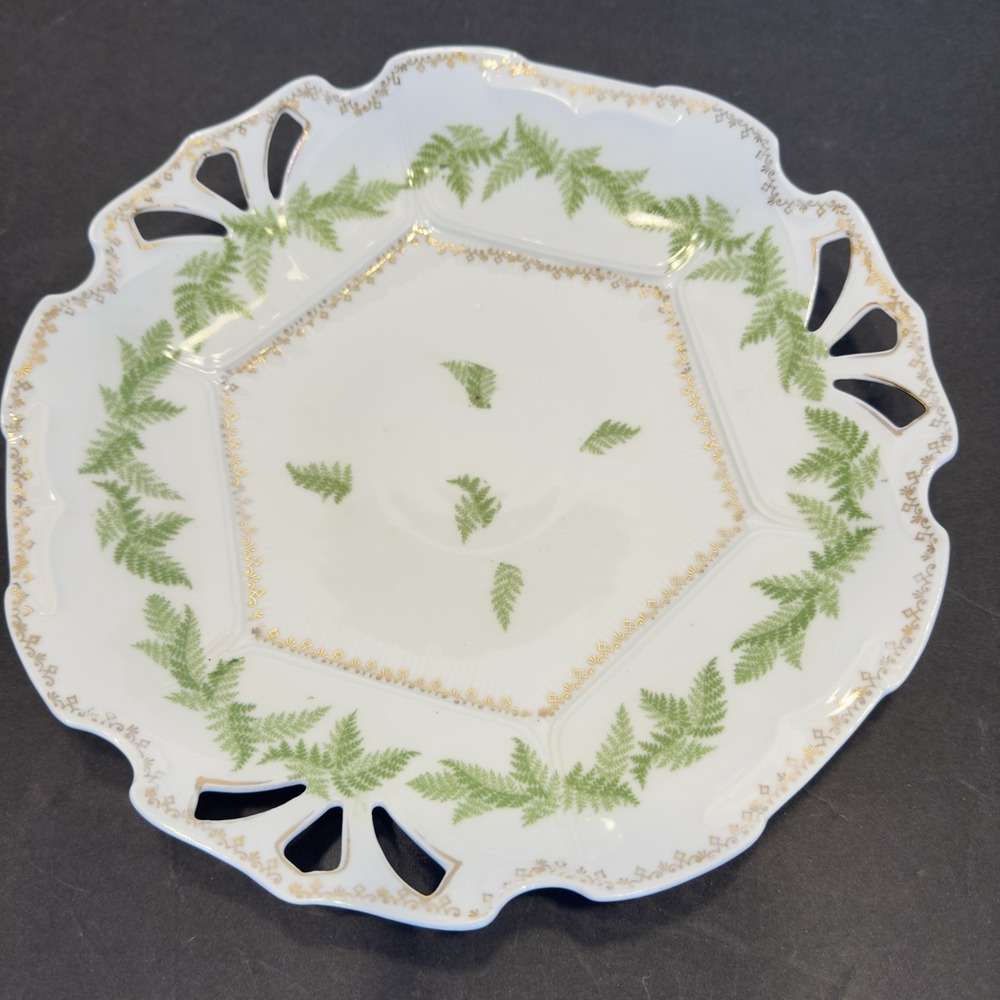 Alemania Porcelain Dish Plate Green LeafsGold Trim 3 Reticulated Hand Paint Vtg